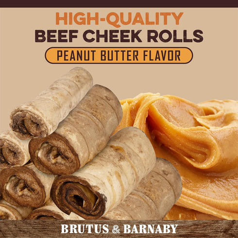 Premium Beef Cheek Rolls for Dogs 10-12" (5-Pack), Peanut Butter Flavored, Safe & Natural Rawhide Alternative Chews