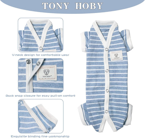 TONY HOBY Stripes 4 Legged Pet Dog Pajamas, Soft Cotton Jumpsuit for Dogs (XL, Blue+White-Boys)