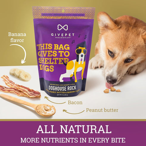 Doghouse Rock Dog Treats, 11 oz by GivePet - Premium Dog Training Treats, Grain-Free with No Artificial Flavors - Bacon, Peanut Butter and Banana Dog Snacks - Dog Treat Bag, Made in USA