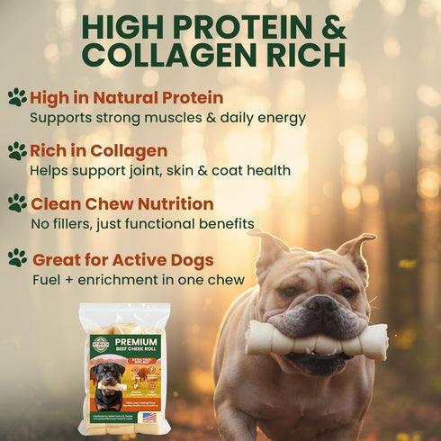 3 Pack 10 Inch Beef Cheek Rolls Extra Thick for Large Dogs Digestible Rawhide Alternative Chews, Long Lasting Dental