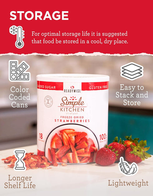18 READYWISE - Simple Kitchen Freeze Dried Strawberries, Servings, Vegan, Gluten Free, Healthy Snack, Survival Food