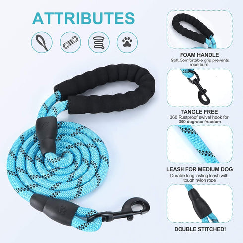 5ft 1/2in Blue Dog Leash for Large & Medium Dogs, Reflective Heavy Duty Rope with Padded Handle