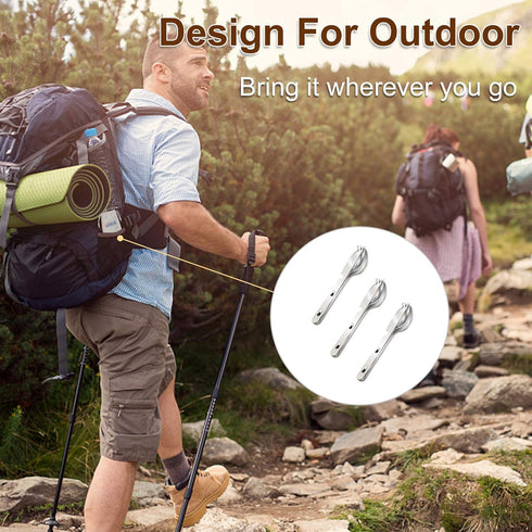 KINLINK 4-in-1 Camping Utensils 3-Pack, Portable Stainless Steel Spoon, Fork, Knife & Bottle Opener Combo Set