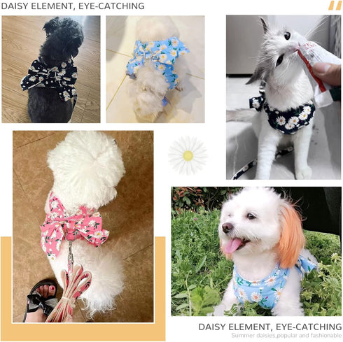 Dog Harness and Leash Set with Bow Knot, No Pull Pet Daisy Floral Harness with D-Ring Soft Mesh Vest for Small Girl
