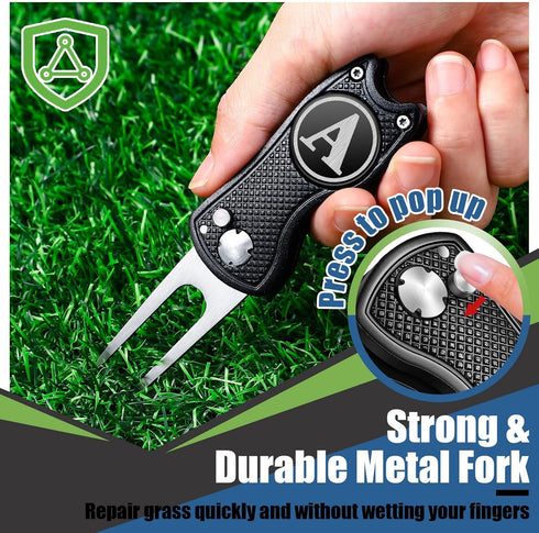Golf Divot Repair Tool with Monogrammed Initial Golf Ball Marker, Foldable Metal Tool with Magnetic Putt