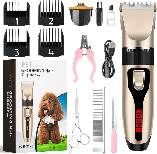 Dog Grooming Kit and Dog Paw Trimmer - Electric Quiet Cat Hair Clippers Set for Thick Coats