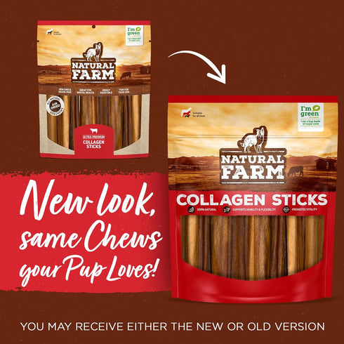 Natural Farm Collagen Chews, 6 Inch, 10 Pack, Odor-Free Bully Sticks & Rawhide Alternative Dog Treats, 95% Collagen.