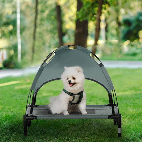 PawHut 24" Elevated Dog Bed with Removable Canopy, Outdoor Cot with UV Protection Shade for Camping, Gray