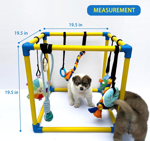 8 Dewonch Puppy Play Gym with Hanging Toys, Small Dogs Indoor Jungle Gym, PVC Frame with Bungee Straps Enrichment