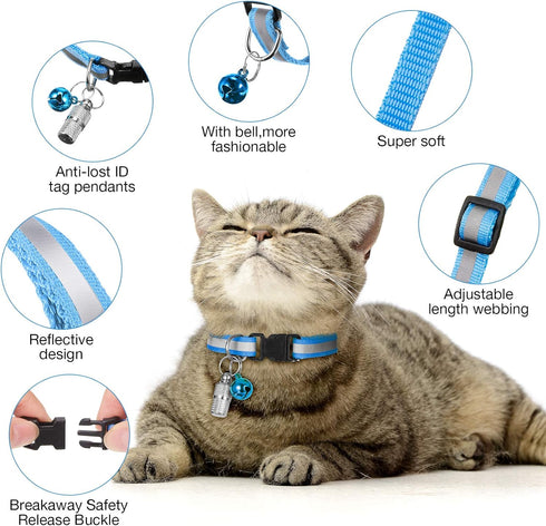 18 Piece Adjustable Reflective Cat Collars with Bell, Durable Nylon Collars with Safety Buckles and 6 Weatherproof ID