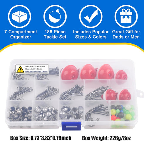 Fishing Bobbers Tackle Kit - 186pcs Basic Fishing Tackle Box Set with Hooks, Bobbers, Sinkers for Beginners Fishing