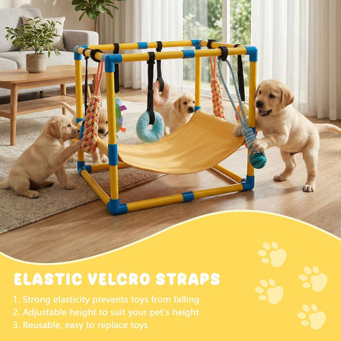 8 Hammock Puppy Play Gym with Hanging Toys, Indoor Puppy Jungle Gym with Interactive Dog Enrichment Toys.PVC Frame