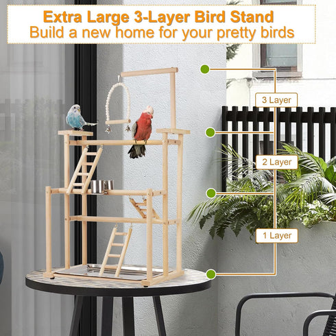 (3 Pet Parrot Playstand Parrots Bird Playground Bird Play Stand Wood Perch Gym Playpen Ladder with Feeder Cups Bells