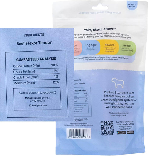 Pupford Beef Tendon Chews for Dogs | Cleans Teeth, Teaches Proper Chewing & Contains Glucosamine to Help Joints | Extra Thick, Long-Lasting, Natural Ingredients, Low Calorie (Standard, 4 Count)
