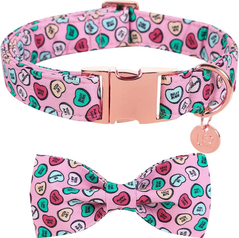 Valentine Dog Collar with Bow Tie, Cotton Pink Collar for Puppy Girl Boy Dog or Cat, XS, Neck 8-12in