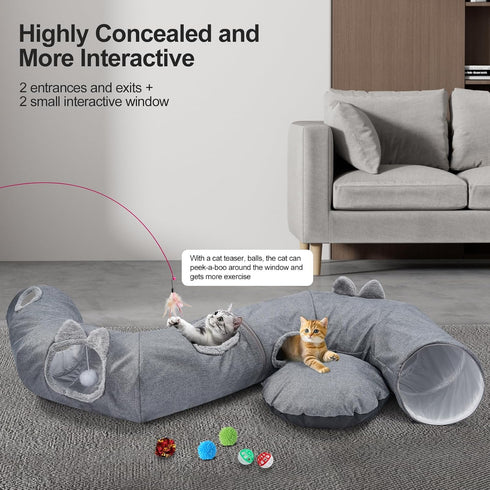 Linen Cat Tunnels with Central Cat Bed, Interactive Cat Toys Detachable Washable Soft Mat Large Indoor Play Tunnel Cave