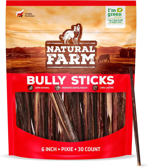 Natural Farm Bully Sticks, 6 Inch, 30 Pack, Thin Pizzle Pixie Beef Treats, Grain-Free, High Protein