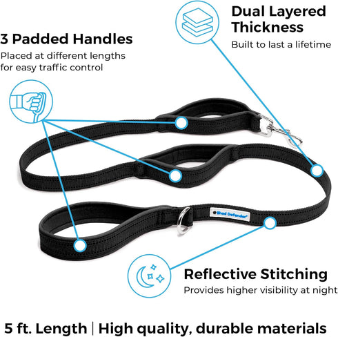 Shed Defender 5 ft. Standard Dog Leash, Three Padded Traffic Handles, Heavy Duty Reflective Stitching for Large and