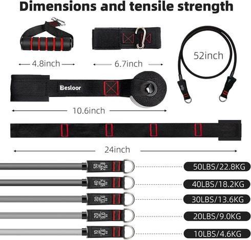 Resistance Band Set, Exercise Bands with Handles, Door Anchor, Ankle Strap, Home Gym, Full-Body Workouts