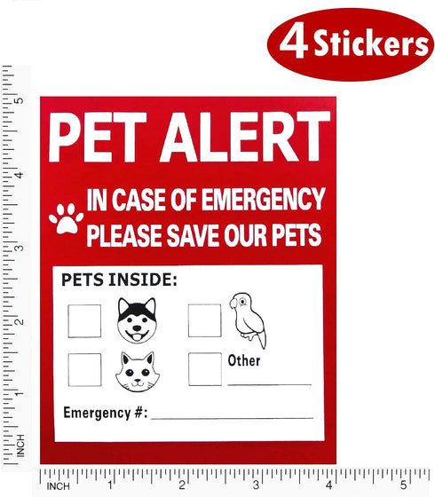 Pet Alert Safety Fire Rescue Sticker - 4 Pack, In Case of Fire Notify Rescue Personnel to Save Pets