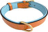 Padded Leather Dog Collar, Tan and Teal, Medium Size, 20" Long x 1" Wide, Neck Size 14.5" to 17.5"