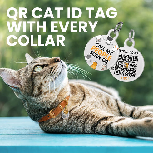 BRONZEDOG Leather Cat Collar with Removable Bells, Non-Breakaway Kitten QR Tag for Girl Boy, Red & Gold (9" - 12")