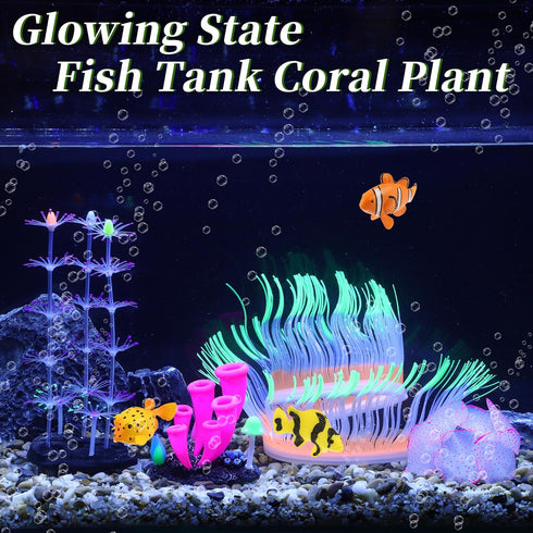 Silicone Glowing Aquarium Decorations, Fluorescence Coral and Sea Anemone Decor Set in Purple, Pink, Green