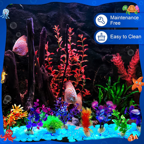 Jexine 100 Pcs Fish Tank Rocks Glow Blue, Fish Tank Stones Accessories with 10 Pack Artificial Aquatic Plants