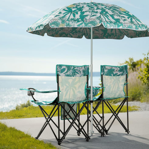 2 Double Camping Chairs with Umbrella, Portable Seat Folding Camp Chair with Cooler Bag, Beverage Holder, Carrying Bag