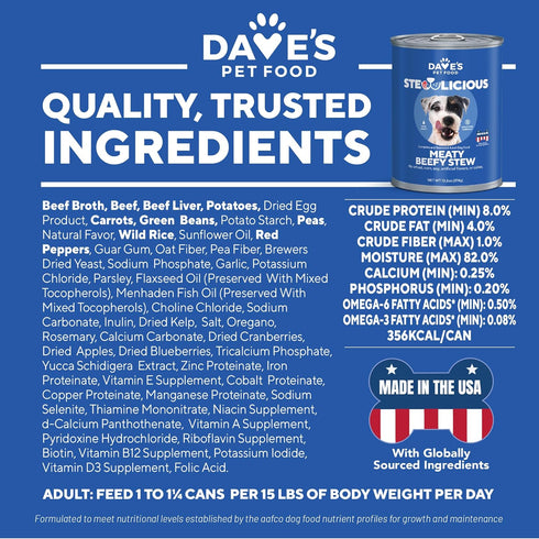 13.2 oz (12 Pack) Dave's Pet Food Stewlicious Soft Dog Food Wet (Meaty Beef Stew), Made in USA Canned Topper, Gluten