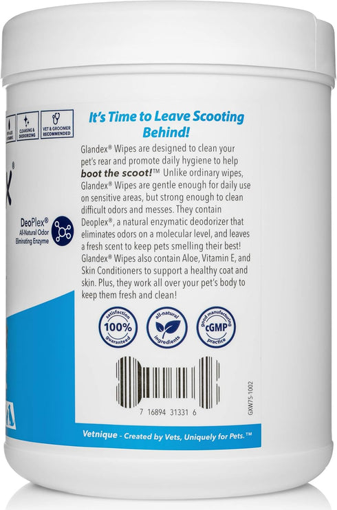 Glandex Dog Wipes by Vetnique Labs, Cleansing & Deodorizing Anal Gland Wipes for Dogs & Cats, 75ct
