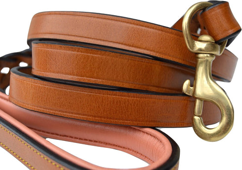 Leather Braided Dog Leash, Tan and Coral, 6 Feet x 3/4 Inch Wide, Genuine Leather