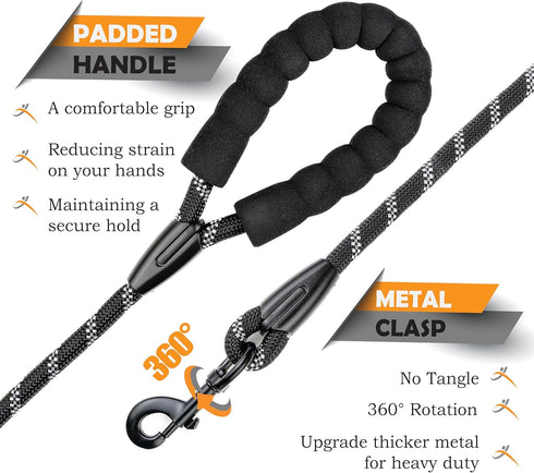 Rope Dog Leash 6 ft, Heavy Duty, Reflective, Tangle-Free rope with Comfortable Padded Handle, Ideal for small medium large Breed Dogs, Perfect for Walking, Running & Training (1/2" Black)