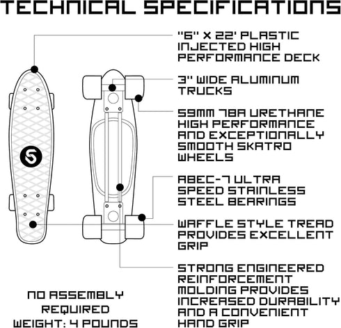 Skatro Mini Cruiser Skateboard - 22x6 Inch Retro Style Plastic Board Comes Complete for Kids and Beginners.