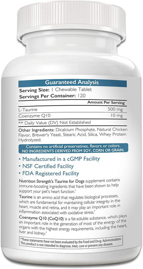 Taurine for Dogs, Supports Healthy Heart Function, with Coenzyme Q10 for Heart Failure Management - 120 Tablets