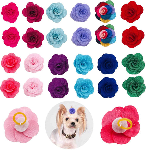 24pcs/12pairs Dog Hair Flowers with Rubber Band for Puppy Small Medium Animals, Mixed Color Grooming Accessories