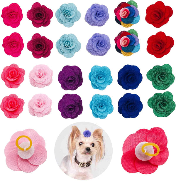 24pcs/12pairs Dog Hair Flowers with Rubber Band for Puppy Small Medium Animals, Mixed Color Grooming Accessories