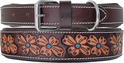 Heavy Duty Hand Tooled Floral Leather Dog Collar, Western Style Padded for Puppies and Big Dogs 10AB124-L
