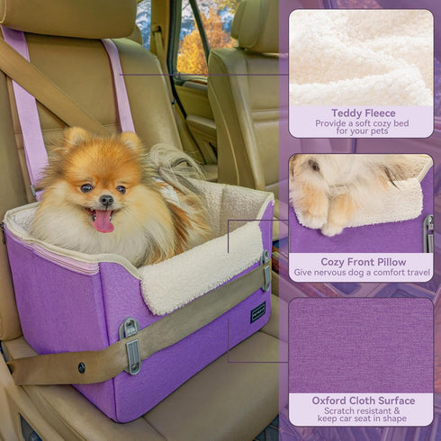 PETSFIT Small Dog Car Seat, Purple, Portable Booster Seat for Dogs Up to 25lbs with Clip-On Leash & Adjustable Straps