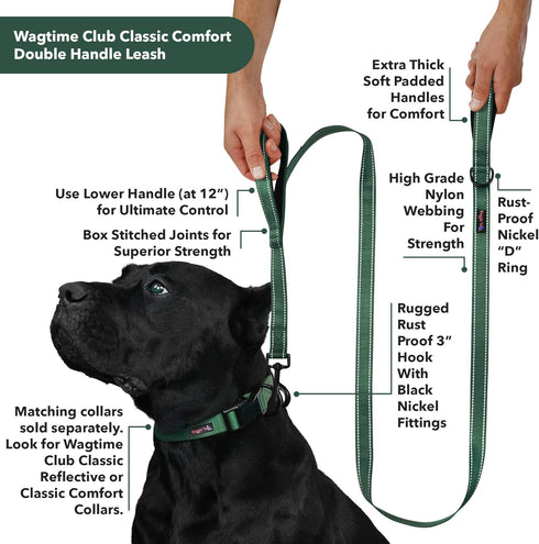 Wagtime Club Soft & Thick Dual Handle Dog Leash, Premium Nylon, Double Padded Handles for Medium, Large, XLarge Dogs