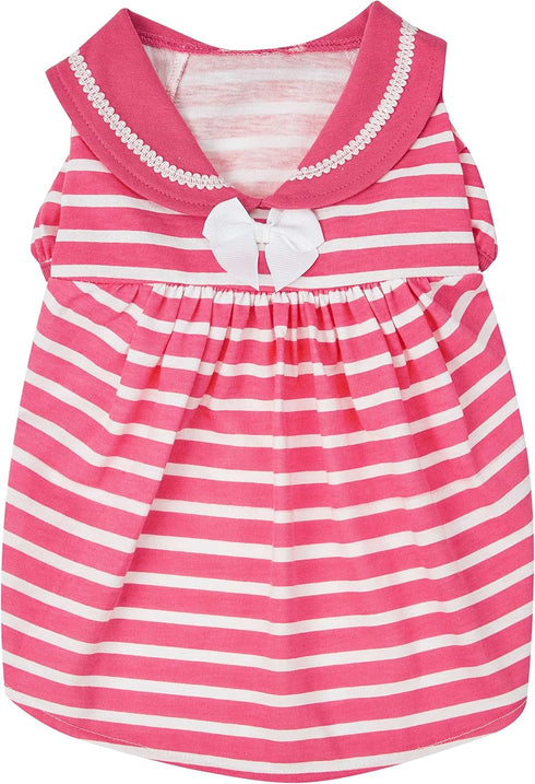 Blueberry Pet Sea Lover Rose Pink Striped Cotton Blend Dog Dress with Bowtie - Back Length 14" - Pack of 1