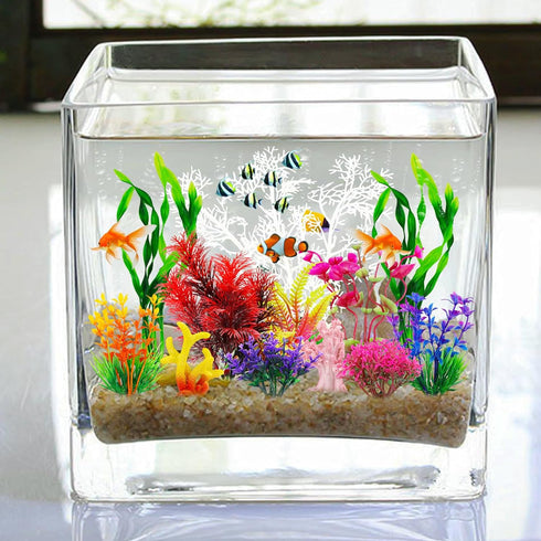 Aquarium Decorations Plants with Resin Coral, 12 pcs Small Plastic Fish Tank Accessories, Artificial Plant Decor