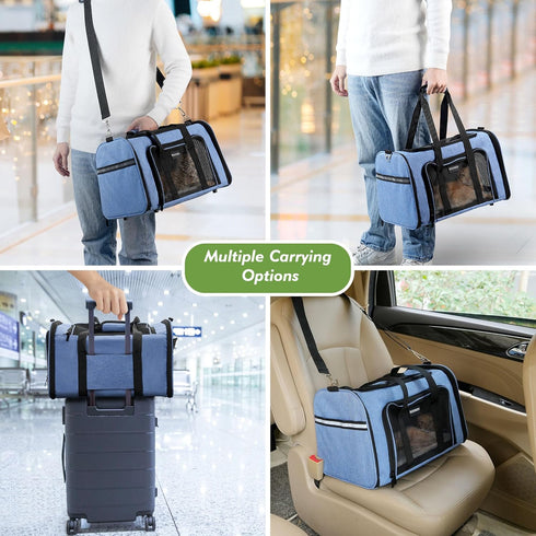Soundy Large Pet Carrier for Dogs and Cats Under 25 Lbs, Portable Soft Sided Folding Travel Carrier, Blue