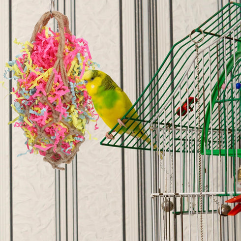 Bird Jute Paper Strips - Parrot Mesh Bag Hanging Chewing Toy for Parakeet Cockatiel Conure
