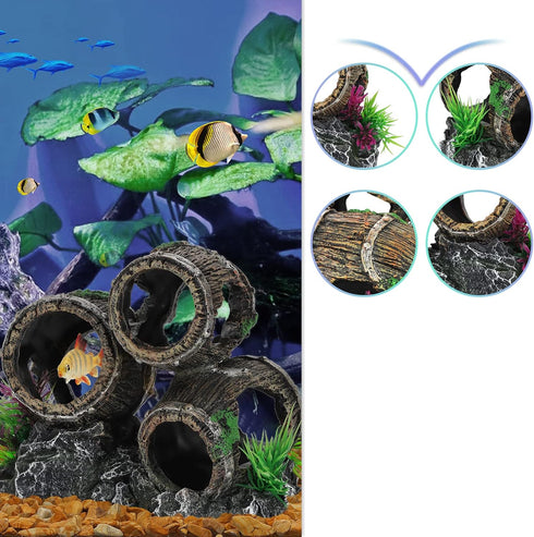 UNEAK Aquarium Decorations, Three Stacked Broken Barrels Ornament for Fish Tank Landscaping, Resin for