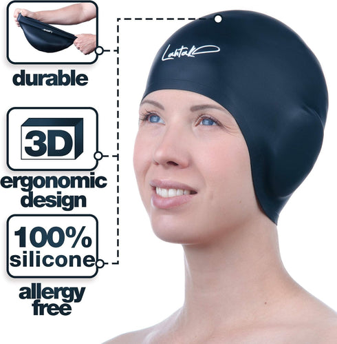 Swim Caps Ear Protection 3D, Waterproof Silicone Swim Cap for Long and Short Hair, Adult and Youth