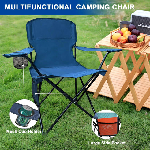 2PCS 225LBS, Folding Camping Collapsible Chairs Heavy Duty Lawn Chair with Cooler Bag, Storage Pocket, Waterproof Bag