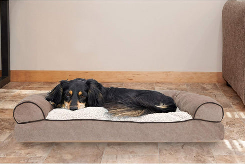 Furhaven Pillow Dog Bed for Medium/Small Dogs, Removable Bolsters & Washable Cover - Sherpa & Chenille Sofa - Cream,