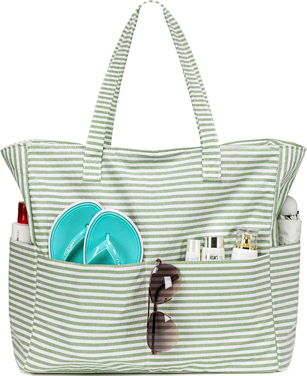 LEDAOU Large Waterproof Beach Tote Bag for Women, Sandproof Zipper Tote for Pool Gym Grocery Travel with Wet Pocket