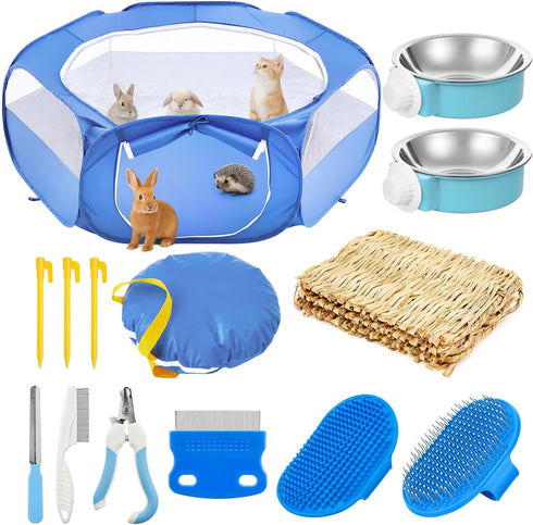 Sunnymove Small Animal Playpen & Grooming Kit, Portable Foldable Pet Playpen with Mesh
